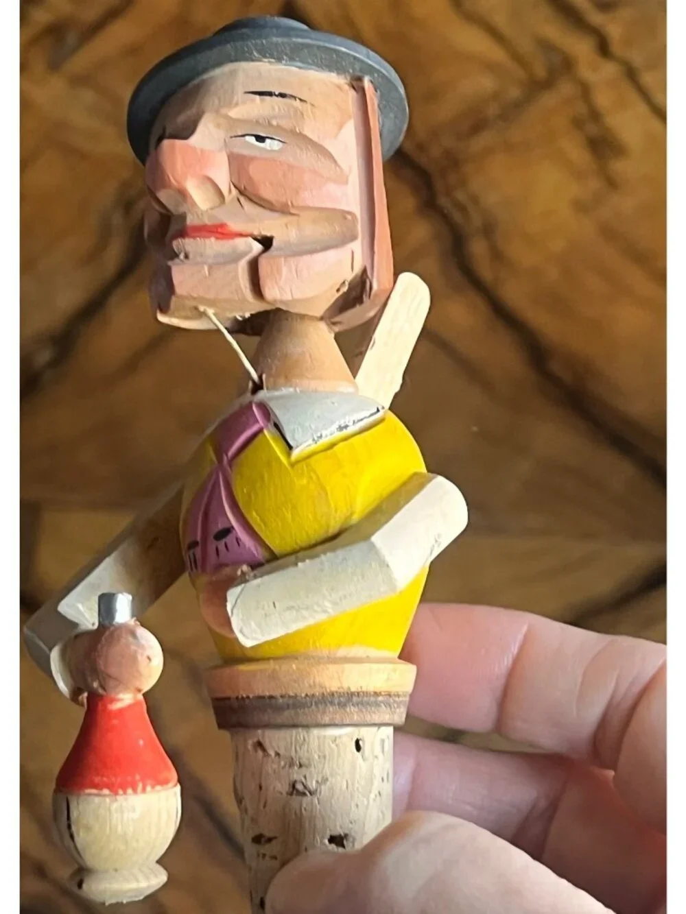 Hand-Carved Wooden Bottle Stopper w/ Articulated Man with Wine Flask German